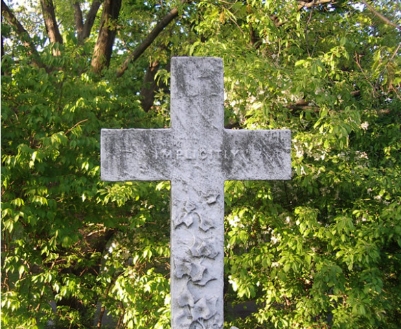 Photo of cross-shaped gravestone with "Implicitly" engraved on it