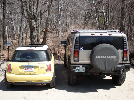Hummer next to yellow Mini Cooper