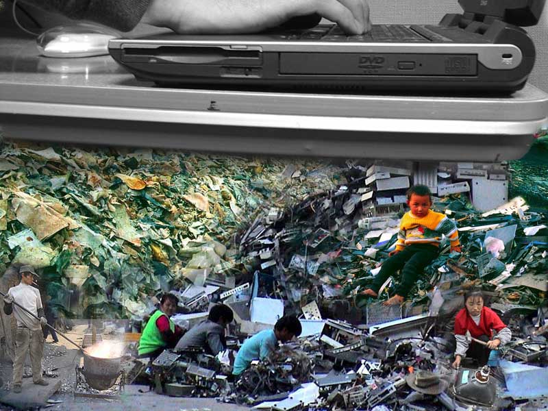 Collage with a hands on a keyboard sitting on top of piles of electronic waste