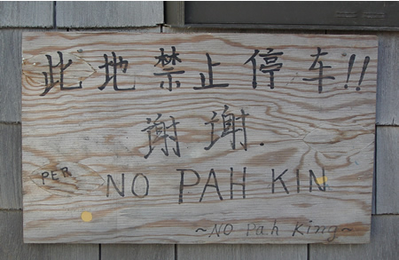 Sign with Chinese characters and "No Pah Kin" in English